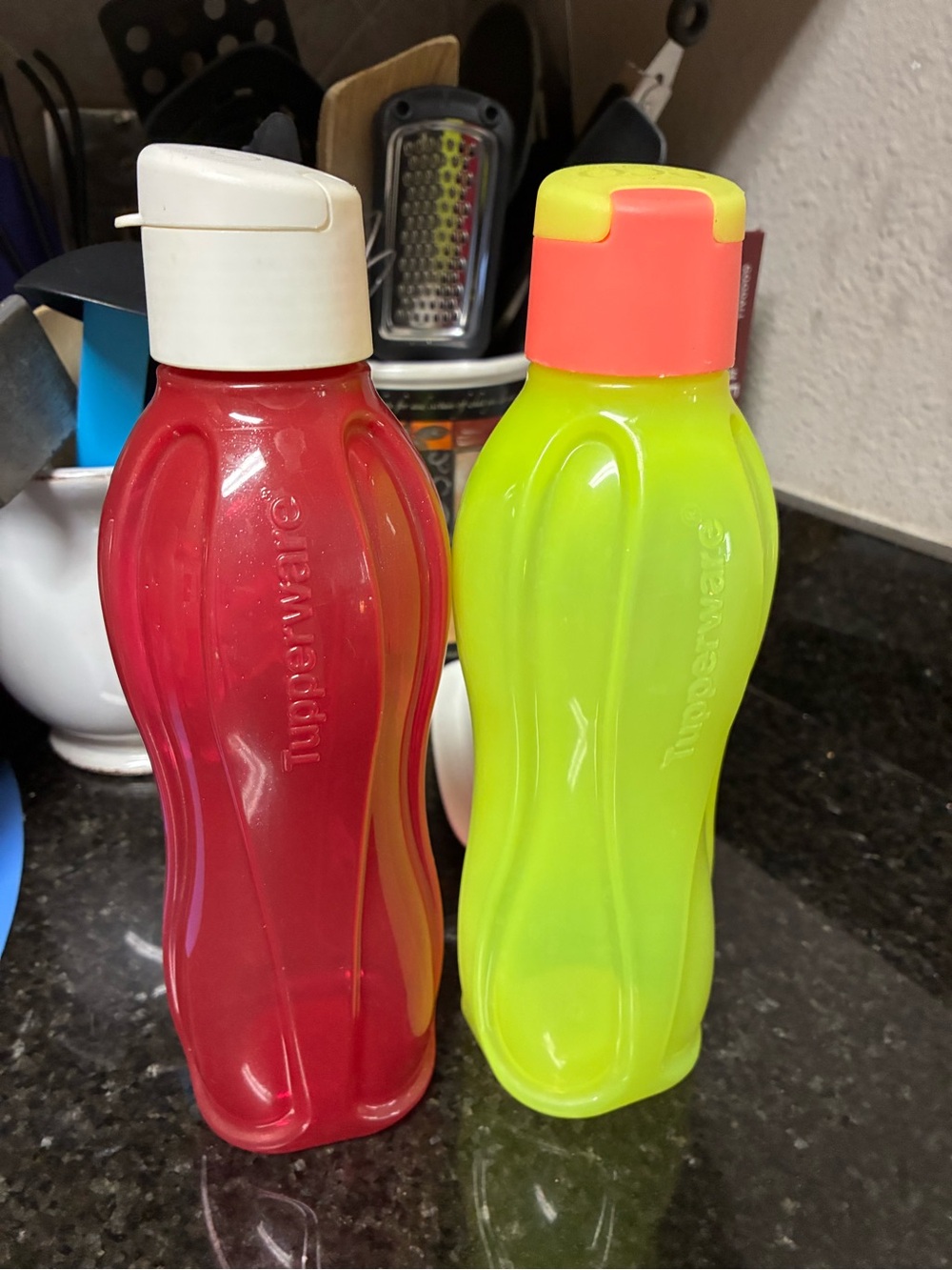 Tupperware Water Bottles - Neon Green and Red with Coral and Cream Caps